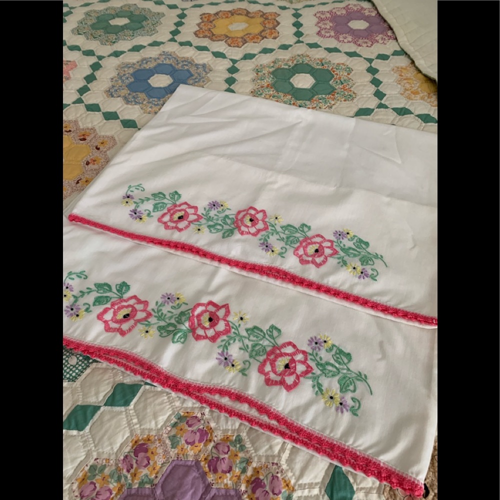 Vintage embroidered floral pillowcases pink crochet trim